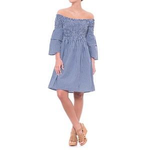 Given Kale Gingham Smocked Off The Shoulder Dress